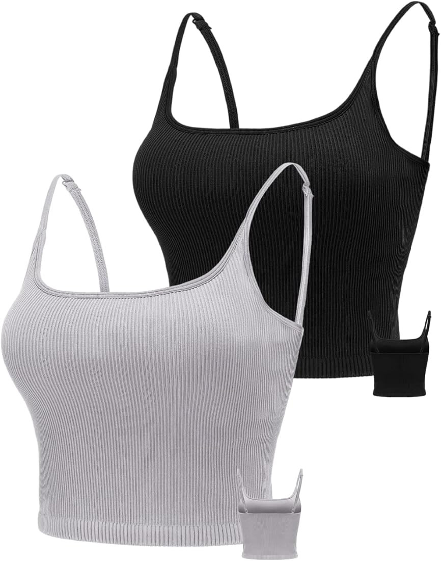 KIKIWING Cropped Tank Top Longline Bralette Sports Bra Tank Top 2 Pack Brami Tops Ribbed Crop Top Se | Amazon (US)