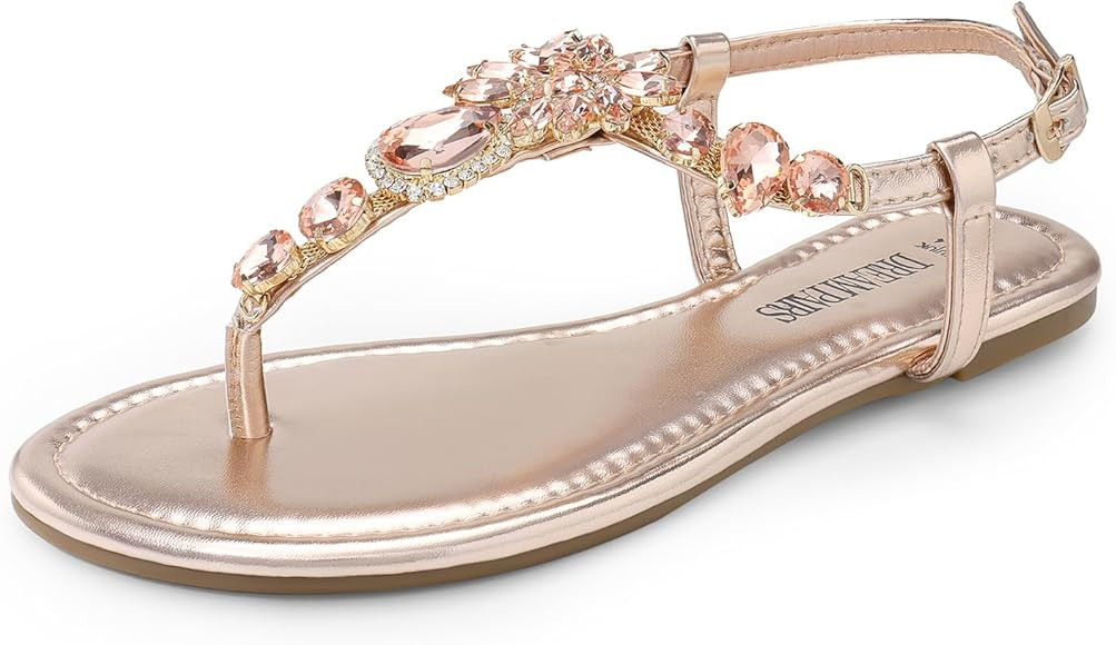 DREAM PAIRS Flat Sandals for Women Dressy Rhinestone T-Strap Thong Flat Sandals for Summers Dress... | Amazon (US)