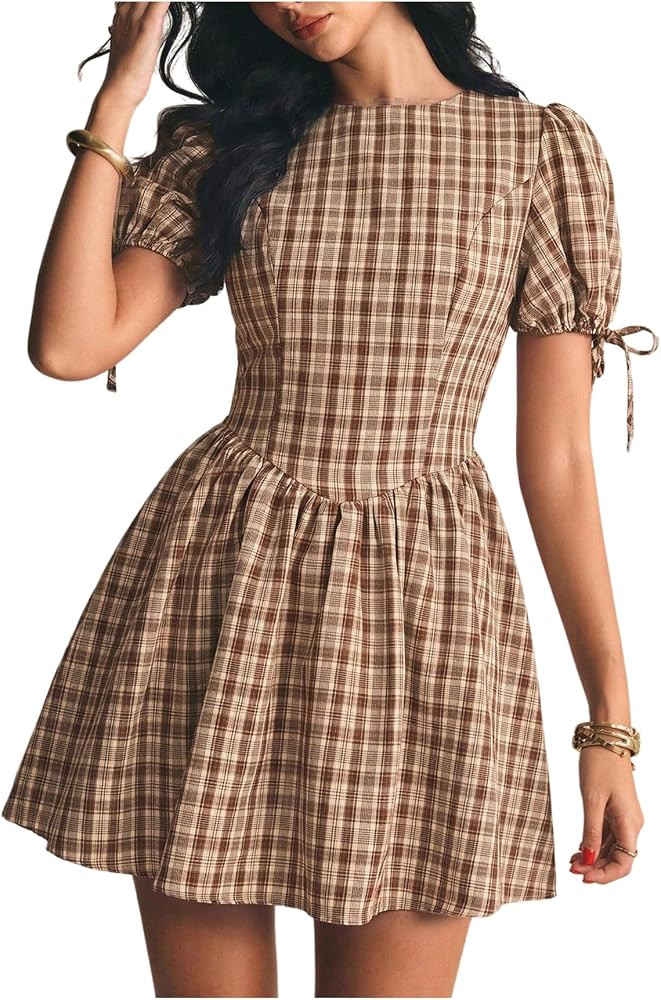 Floerns Women's Gingham Short Puff Sleeve Crew Neck Mini A Line Dress | Amazon (US)