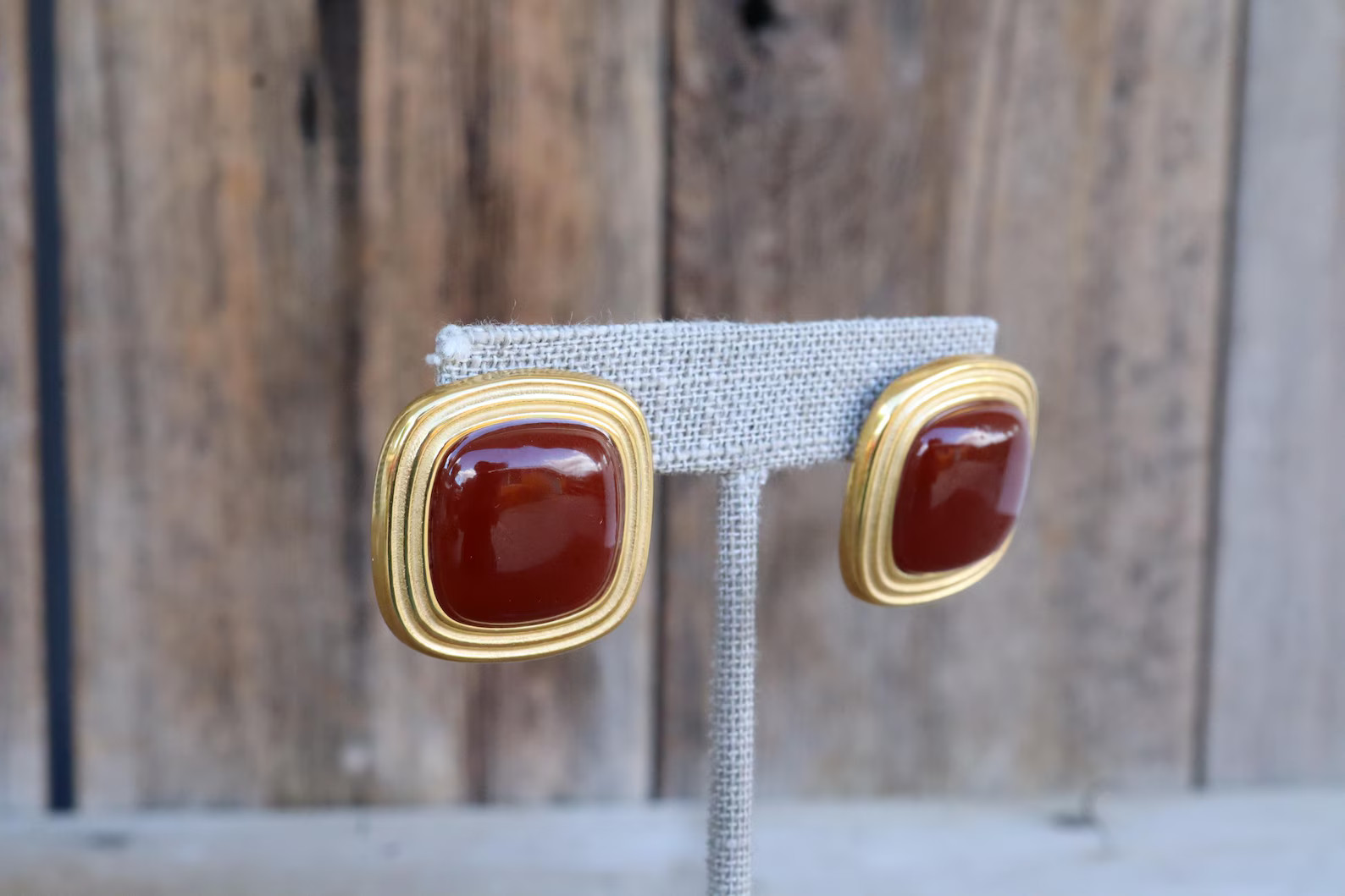 90s Burgundy Cabochon Gold Tone Earrings | Chunky Geo Button Earrings | Square Statement Cocktail... | Etsy (US)