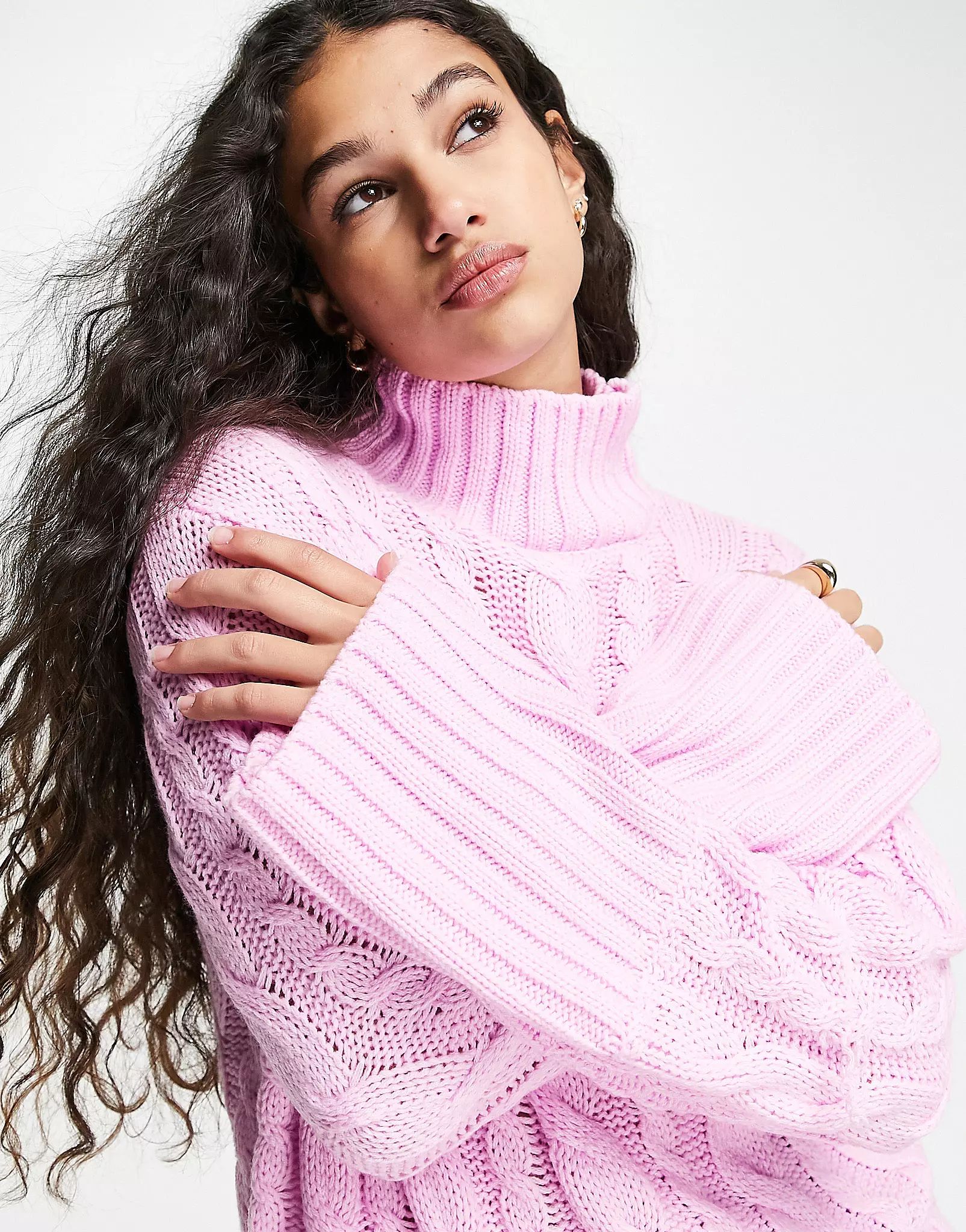 ASOS DESIGN high neck jumper in chunky cable knit in pink | ASOS (Global)