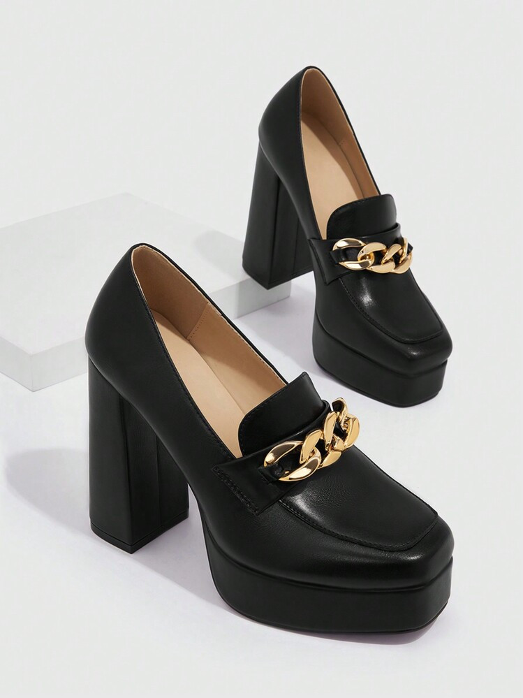 CUCCOO BIZCHIC Women's Shoes New Years Square Toe Platform Chunky Heeled Black Loafer Pumps Vacat... | SHEIN