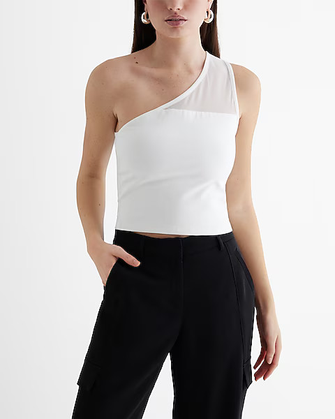 Body Contour Stretch Cotton One Shoulder Mesh Cropped Tank | Express