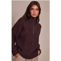 Chocolate Zip Detail Cable Knit Oversized Sweater | PrettyLittleThing US