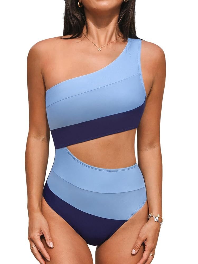 CUPSHE Women's One Piece Swimsuit One Shoulder Bathing Suit Cutout Color Block Swimwear | Amazon (US)