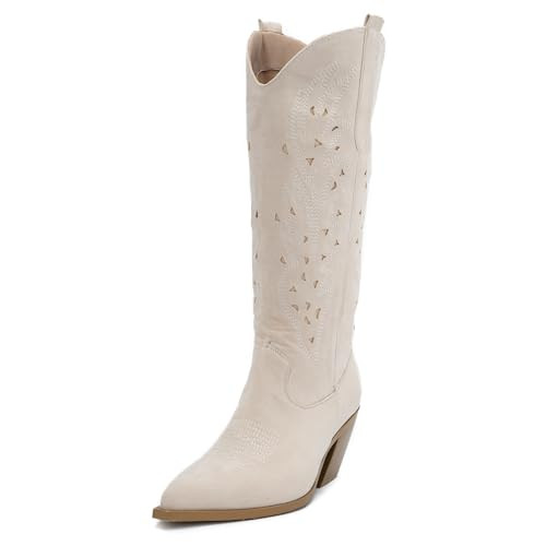 Huntarry Cowboy Boots For Women Fashion Western Embroidered Wide Calf Knee High Cowgirl Boots with Chunky Heel Retro Classic Pointed Toe Wedding Boots | Amazon (US)
