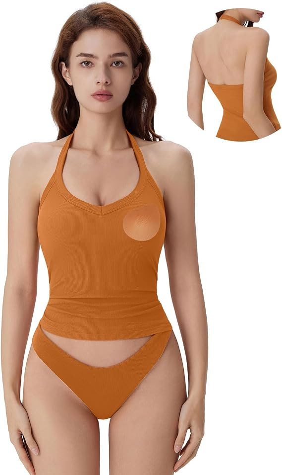 SUUKSESS Halter Tank Top for Women with Built in Bra Cotton Ribbed V Neck Cami | Amazon (US)