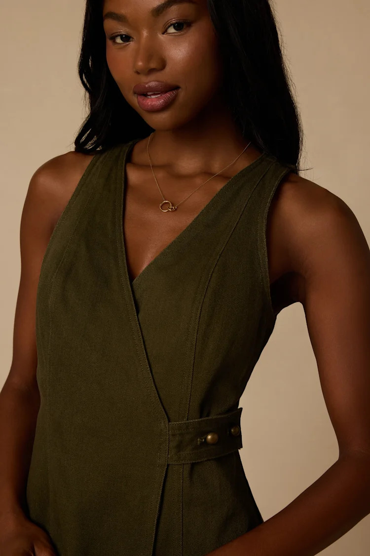 Didi Dark Olive Denim Wrap Mini Dress | Lulus