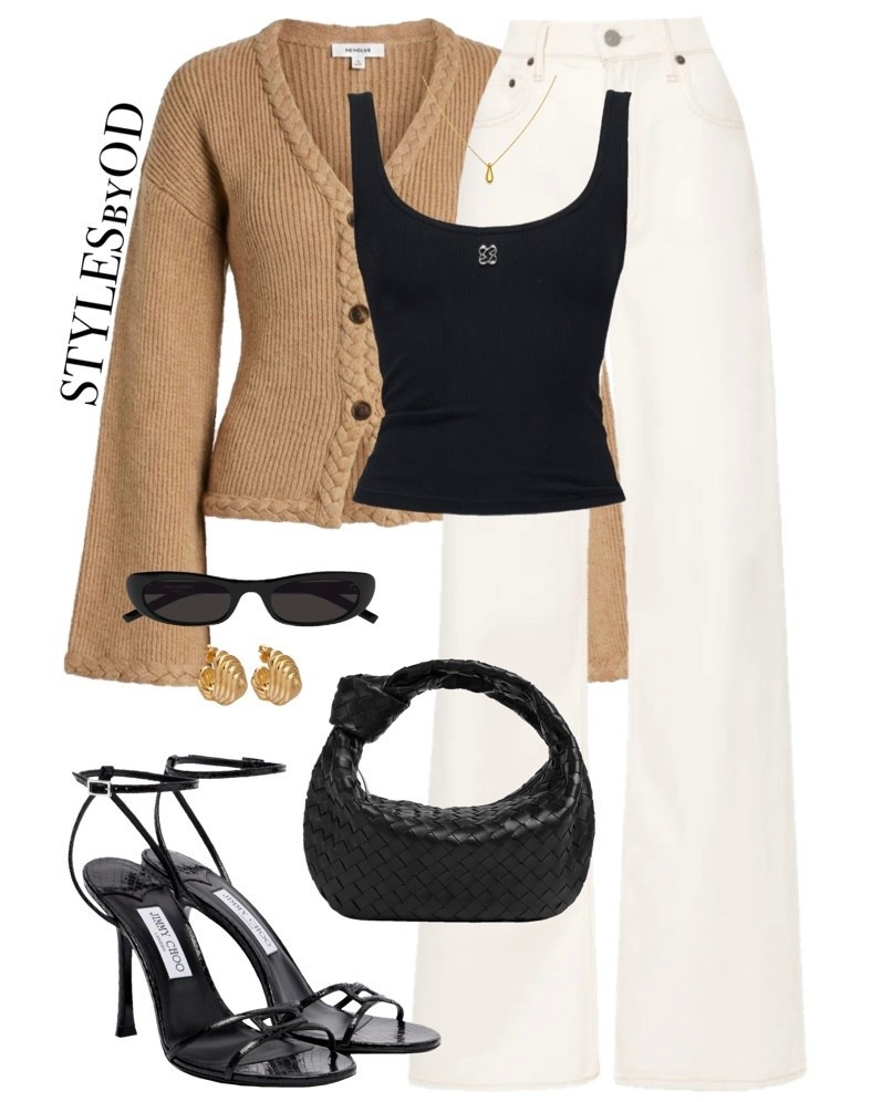 NEUTRAL TEXTURE PLAY 🧶✨

Redefining cozy & chic with this effortlessly elevated neutral ensemble🫶🏼 This look is all about the balance of cozy and sleek—pairing a textured tan braided cardigan with a minimalist black tank and high-waisted cream wide-leg jeans for the ultimate sophisticated capsule vibe. Completed with strappy Jimmy Choo sandals, a black woven handbag, and polished gold accents, it’s a timeless uniform for any upscale-casual occasion🤍

#LTKfashion #LTKstyletip #springoutfit #cardigan #knitwear #blackheels #simple 
Cute and classy spring capsule wardrobe, wide leg jeans in cream, basic black ripped tank top, camel cardigan for spring 


#LTKSeasonal #LTKootd #LTKSaleAlert