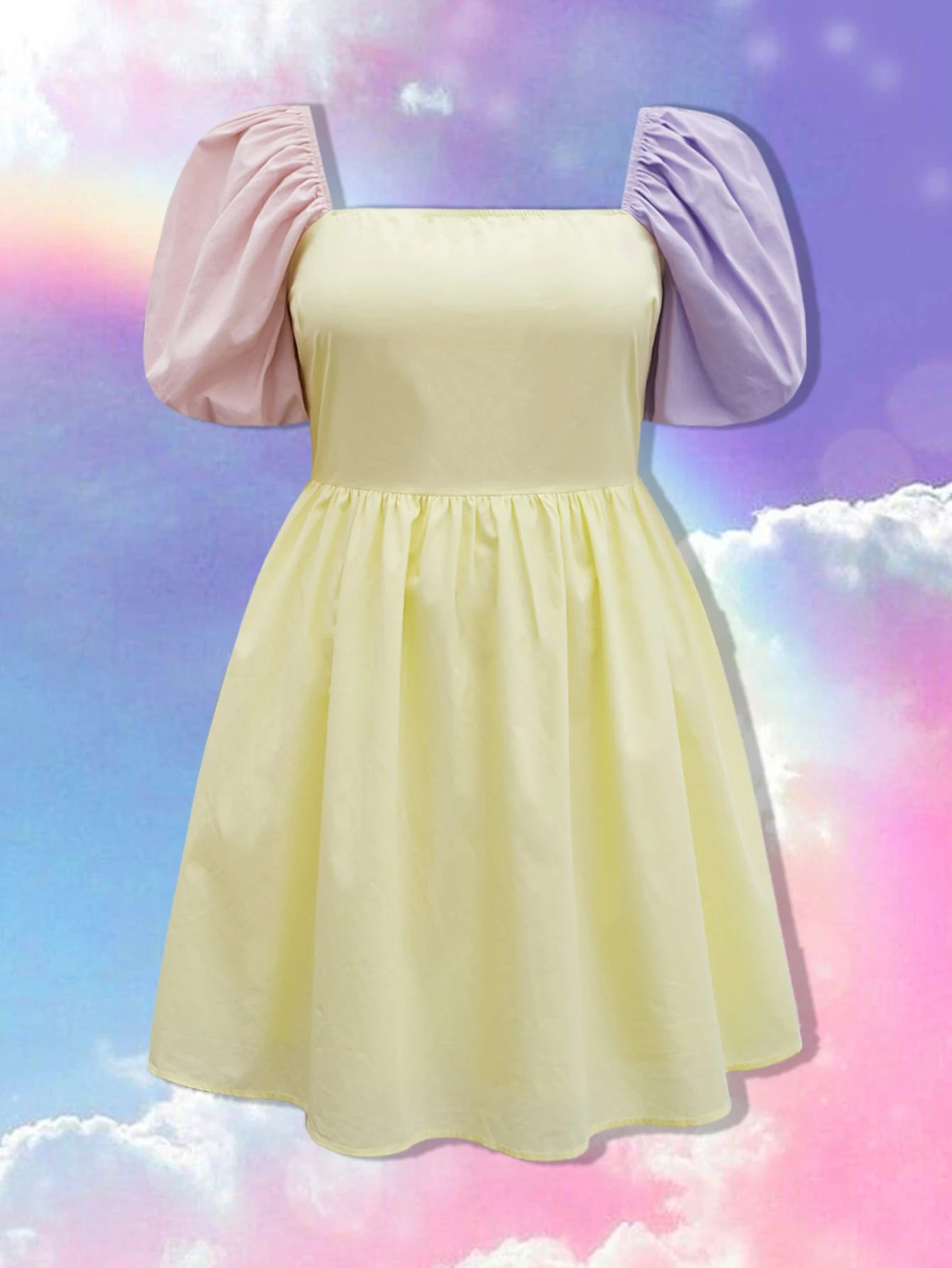 SHEIN Plus Colorblock Puff Sleeve Square Neck Dress | SHEIN