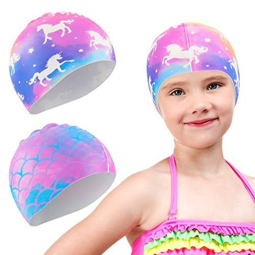 2 Pack Kids Swim Cap Durable Silicone Swim Caps for Boys Girls Toddler Waterproof Bathing Pool Swimming Caps | Amazon (US)