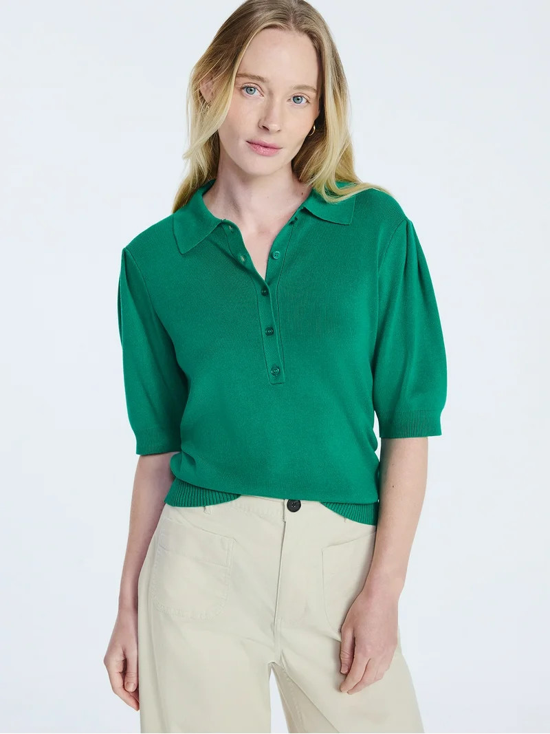 Free Assembly Women's and Women's Plus Collared Sweater Tee with Puff Sleeves, Lightweight, Sizes... | Walmart (US)