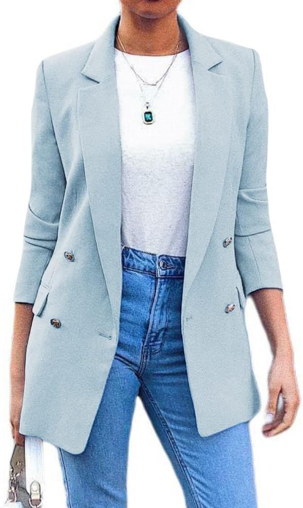 Yousify Womens Double Breasted Blazers Long Sleeve Open Front Work Office Jackets Blazer Suit | Amazon (US)