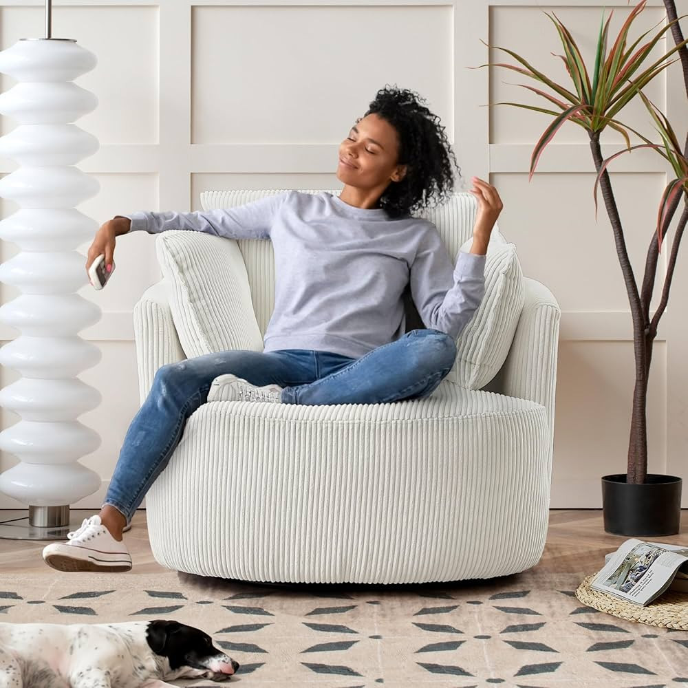 Swivel Accent Chair Round Barrel Armchair Upholstered Living Room Chair Corduroy Reading Chair Si... | Amazon (US)