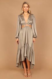 Minnow Satin Ruffle Tier O-Ring Cut Out Maxi Dress - Olive | Petal & Pup (US)