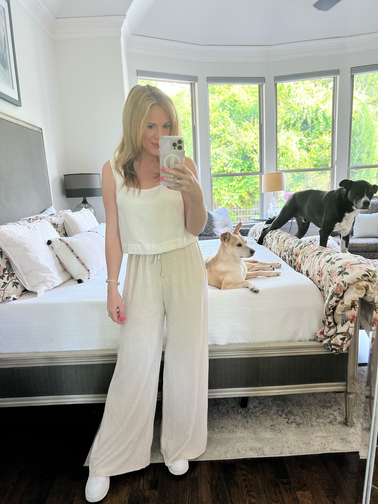 Wide leg linen pants 
Neutral color linen pants 
Altard state pants 
Cropped white linen top 
Abercrombie top 
White sneakers
White Air Force ones 

#LTKfindsunder100 #LTKshoecrush #LTKfindsunder50
