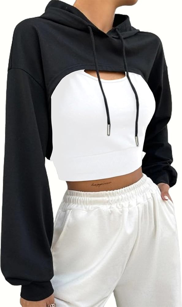 Hilinker Women's Long Sleeve Cropped Hoodie Workout Drawstring Super Crop Tops without Camisole | Amazon (US)