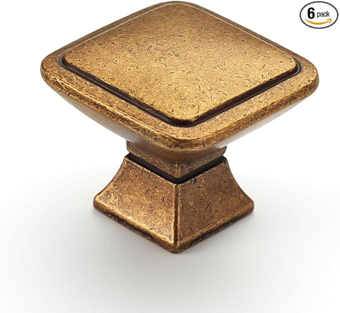 6 Pack　1.2 Inch Antique Brass Cabinet Knobs Kitchen Cabinet Knobs Drawer Knobs Square Cabinet K... | Amazon (US)