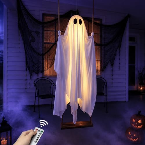 Halloween Decorations Outdoor - 5FT Large Hanging Swing Ghost with Remote Control String Lights & Upgraded Sheet, Scary Ghost Halloween Party Decor Outside for Tree Porch Yard Garden Lawn | Amazon (US)