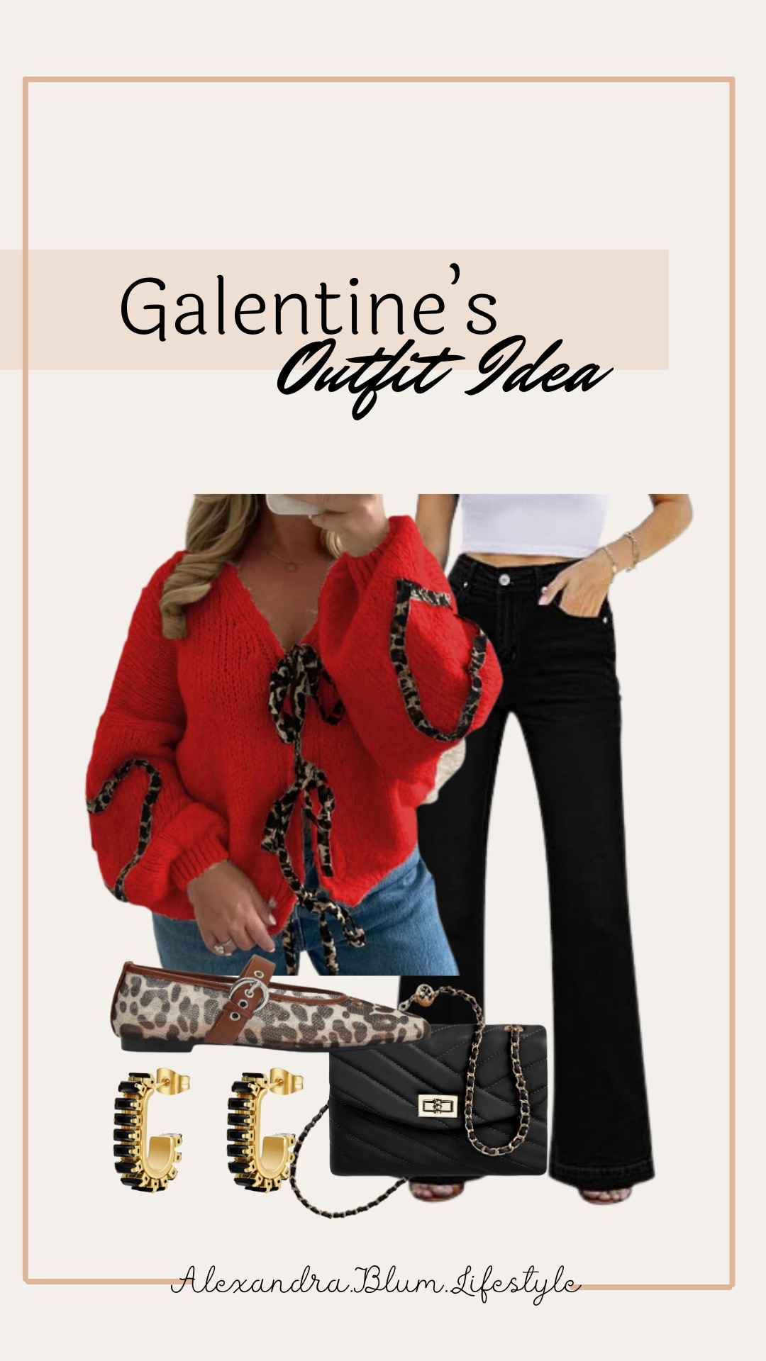 Galentine’s day outfit idea from Amazon! Valentine’s Day outfit! Date night idea! Red sweater with cheetah tie front, black flare jeans, cheetah flats, black handbag purse, and black and gold earrings! Amazon fashion!

#LTKShoeCrush #LTKWorkwear #LTKFindsUnder100