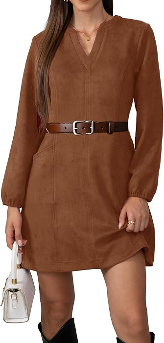 This faux suede has a high-end feel, two pockets, above the knee, elegant a line, v neck, elastic... | Amazon (US)