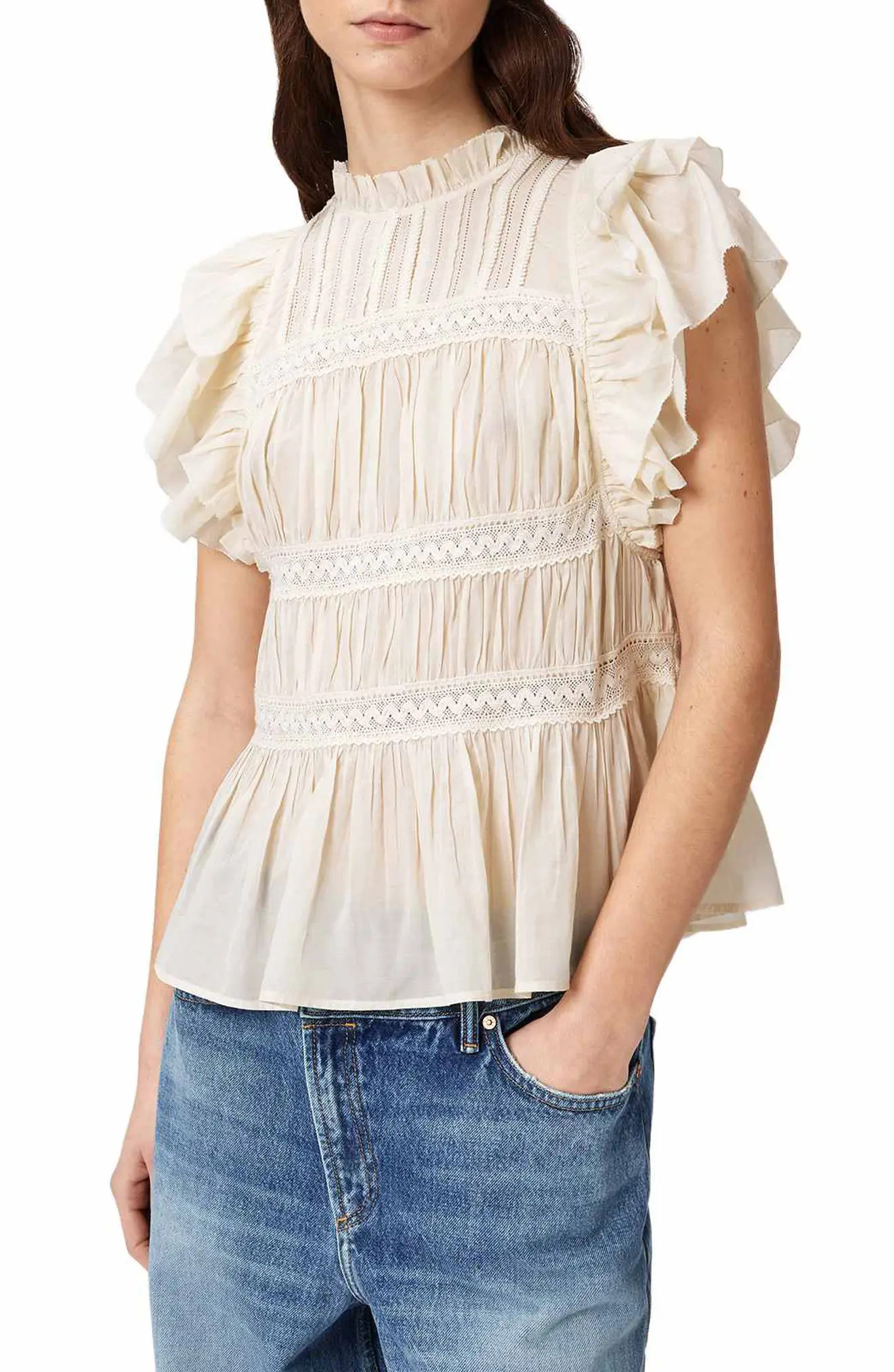 AllSaints Harriet Lace Trim Shirred Flutter Sleeve Peplum Top (Women) | Nordstrom | Nordstrom