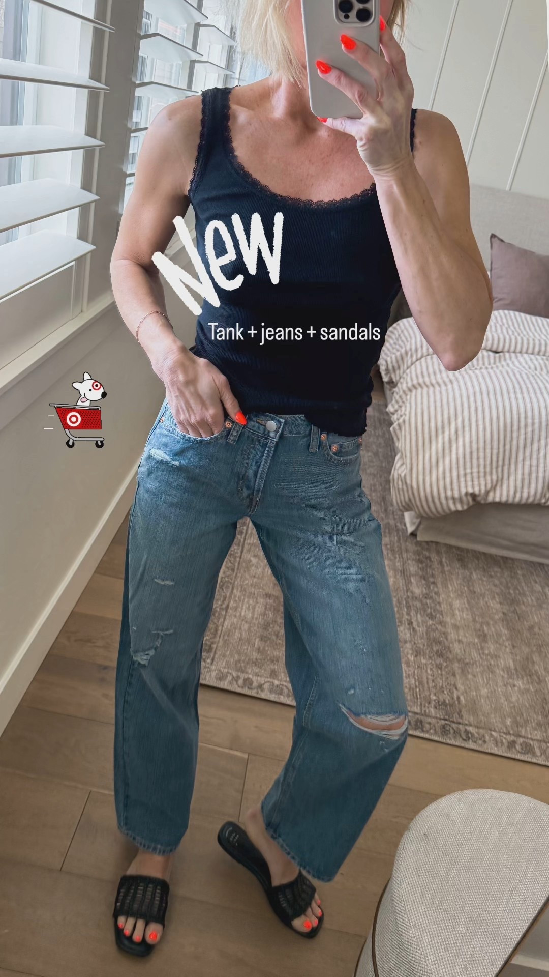 New arrivals at target!!
I love the delicate details on this tank. The lace trim is so pretty ( mixed reviews, but the black is not see-through, and I would suggest sizing down.) wearing a small.
Jeans have a mid rise baggy fit w/ distressing. Love these slide sandals the memory foam soul is so comfortable! ￼
Jeans and sandals fit true to size.￼

#LTKValentine #LTKOver40 #LTKgrwm