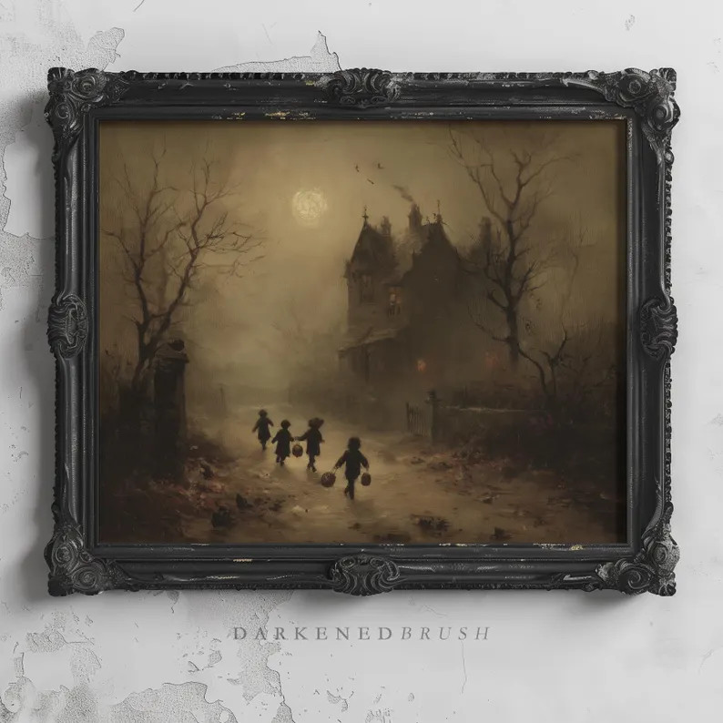Group of Children Walking Toward Haunted Manor Gothic Vintage Halloween Wall Art Spooky Fall Autu... | Etsy (US)