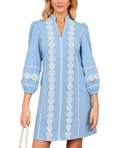 Women's Embroidered Lace Floral Tunic Dress 3/4 Puff Sleeve V Neck Mini Dress with Pockets | Amazon (US)