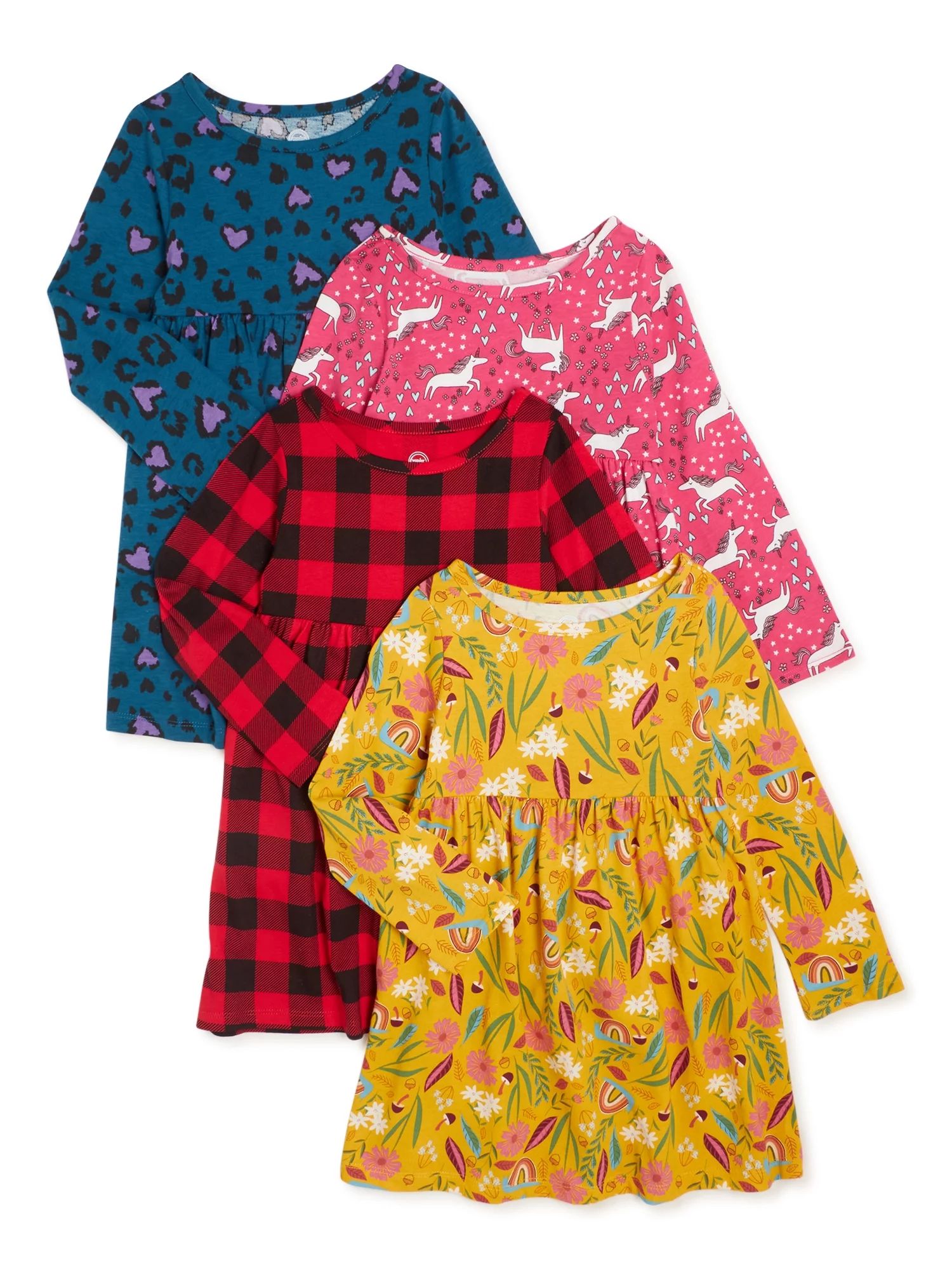 Wonder Nation Baby and Toddler Girls' Long Sleeve Knit Dresses, 4-Pack, Sizes 12M-5T | Walmart (US)
