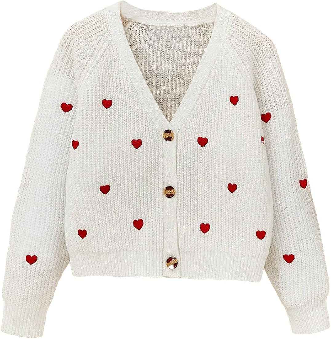 SweatyRocks Girls Embroidery V Neck Long Raglan Sleeve Cardigan Button Down Sweater Top | Amazon (US)