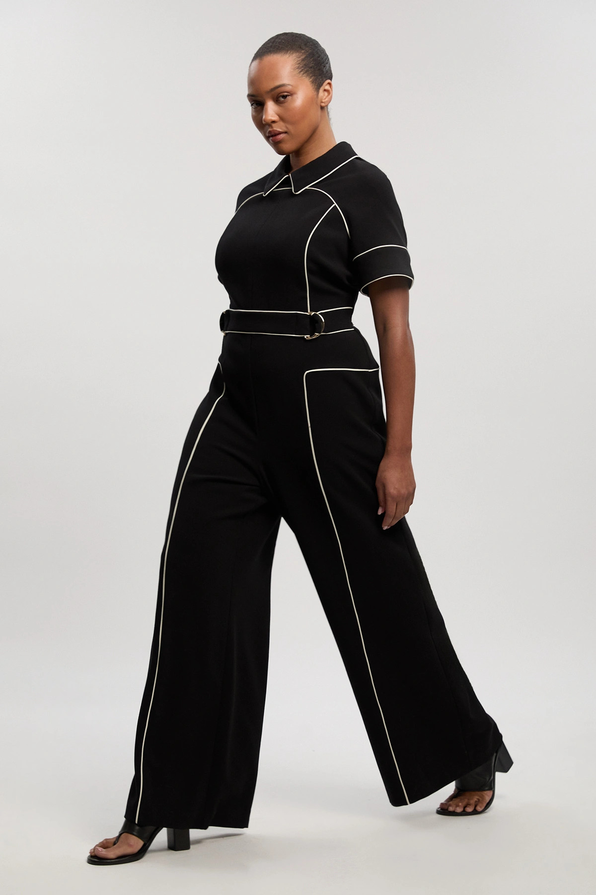 Plus Size Compact Stretch Contrast Tipped Tab Detail Tailored Jumpsuit | Karen Millen