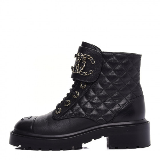 CHANEL

Shiny Goatskin Calfskin Quilted Lace Up Combat Boots 36.5 Black | Fashionphile