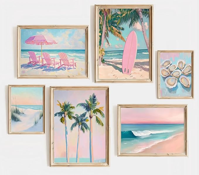 LBARTXY 6Pcs Pastel Beach Wall Art Prints Summer Coastal Granddaughter Palm Tree Oyster Posters O... | Amazon (US)