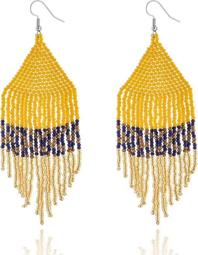 Native Beaded Tassel Earrings Boho - Handmade Seed Bead Statement Fringe Drop Earrings for Women ... | Amazon (US)