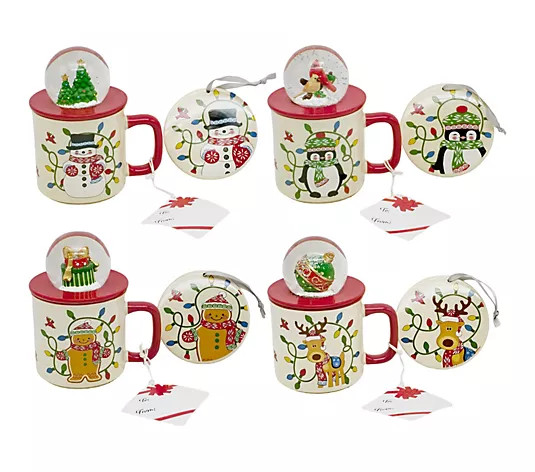Temp-tations Set of 4 18-oz Mugs with Snow Globe Topper & Lid-It - QVC.com | QVC