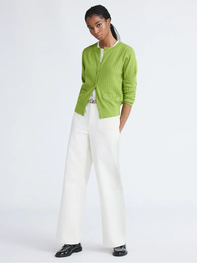 Free Assembly Women's and Women's Plus Cozy Yarn Welt Pocket Cable Cardigan Sweater, Midweight, S... | Walmart (US)