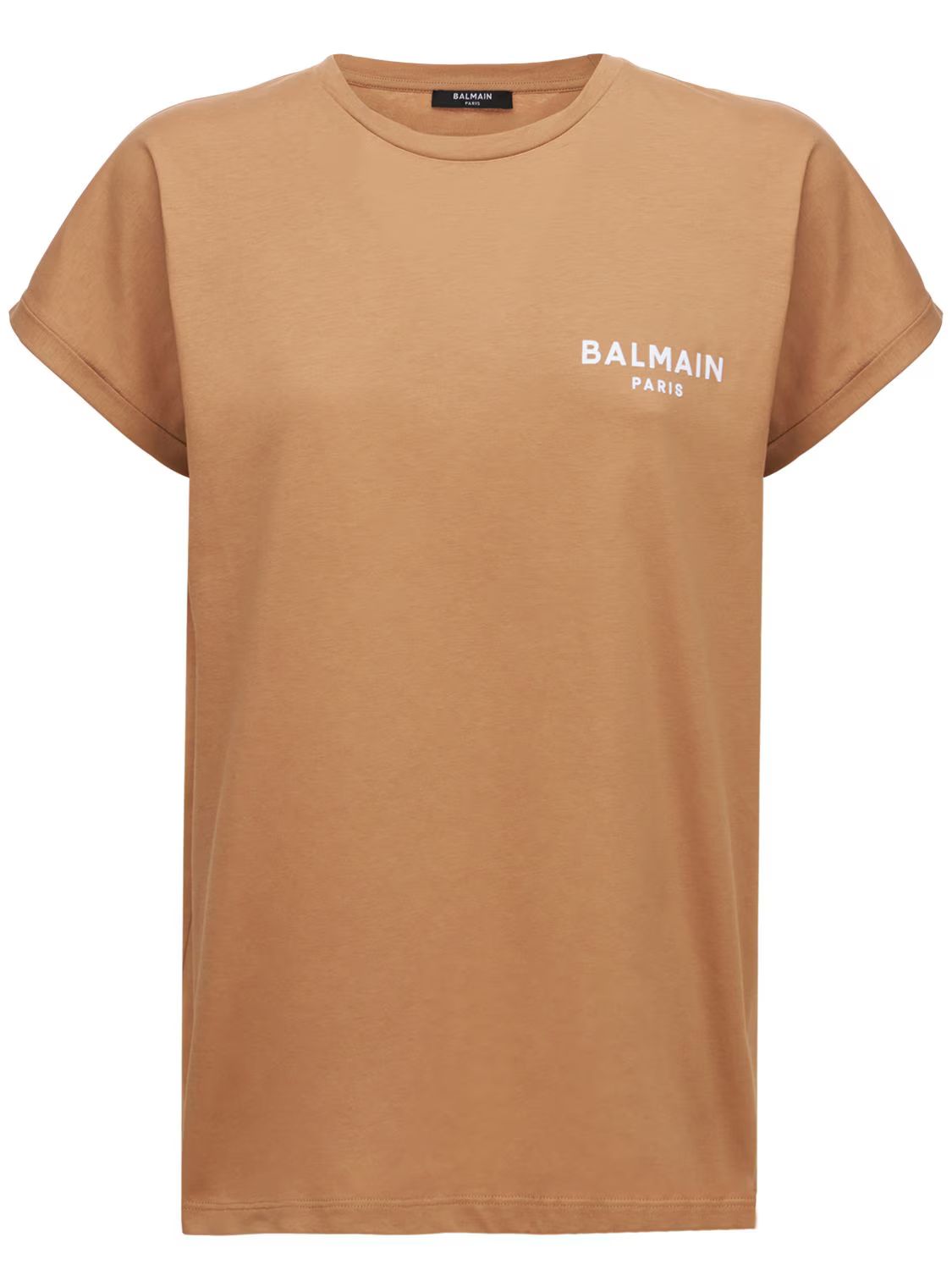 Balmain - Flocked logo cotton jersey t-shirt - Taupe | Luisaviaroma | Luisaviaroma