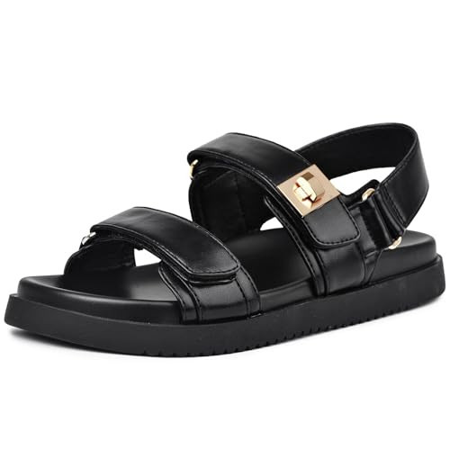 GOUPSKY Womens Summer Flat Sandals Adjustable Comfortable Arch Support Shoes Casual Leather Wide Patform Sandals Black 6.5 | Amazon (US)