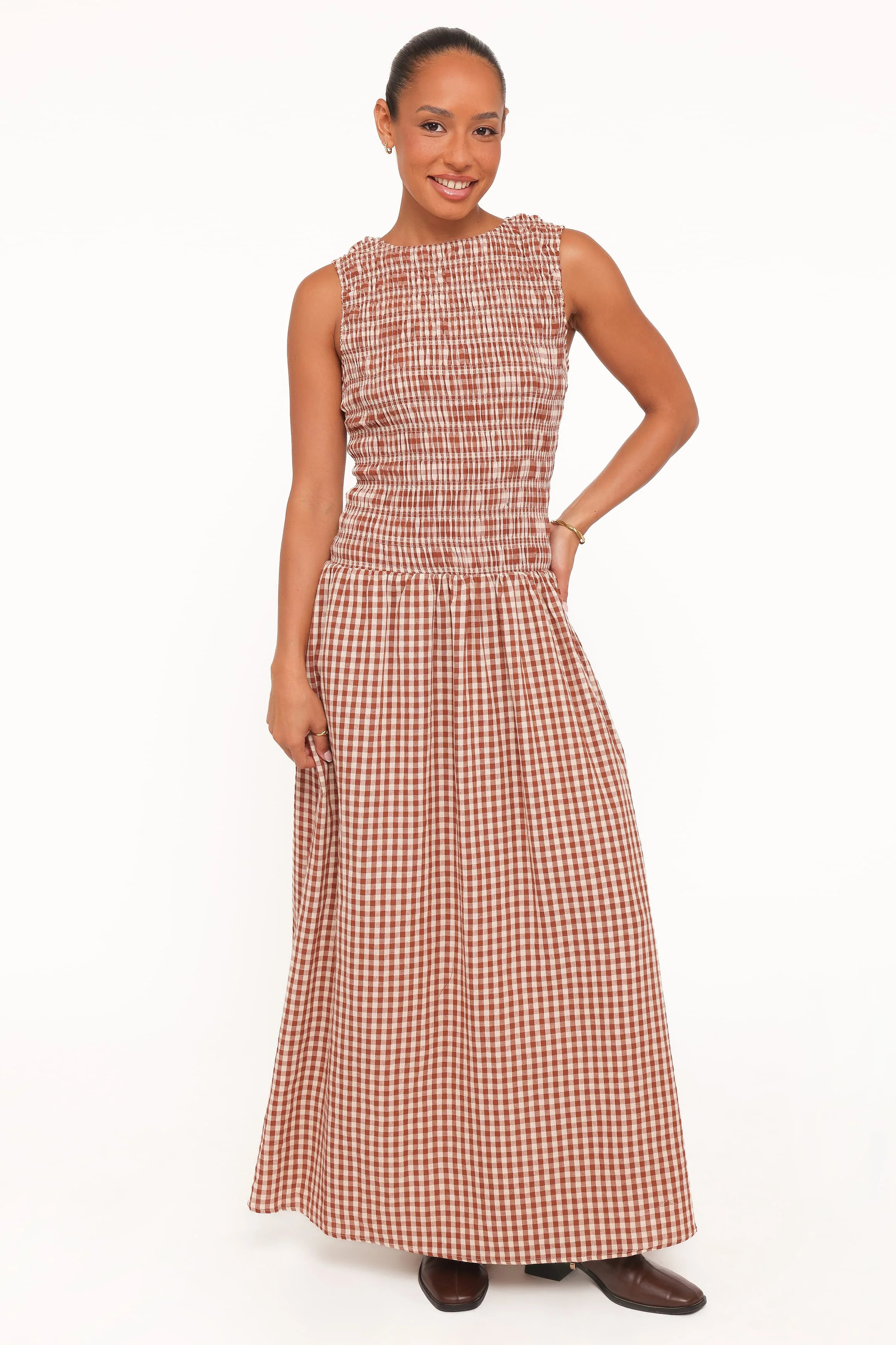 Maleny Maxi Dress - Brown Gingham | Petal & Pup (US)