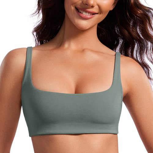 CRZ YOGA Butterluxe Spaghetti Strap Sports Bras for Women - Square Neck Yoga Wireless Low Coverage Padded Cami Crop Top Grey Sage Large | Amazon (US)