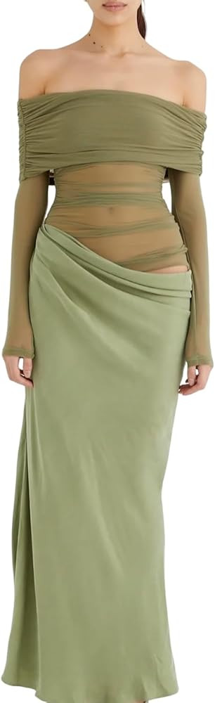 Women's Sheer Mesh Off Shoulder Maxi Dress Y2K Bodycon Gown for Club Party Wedding Evening Outfit... | Amazon (US)