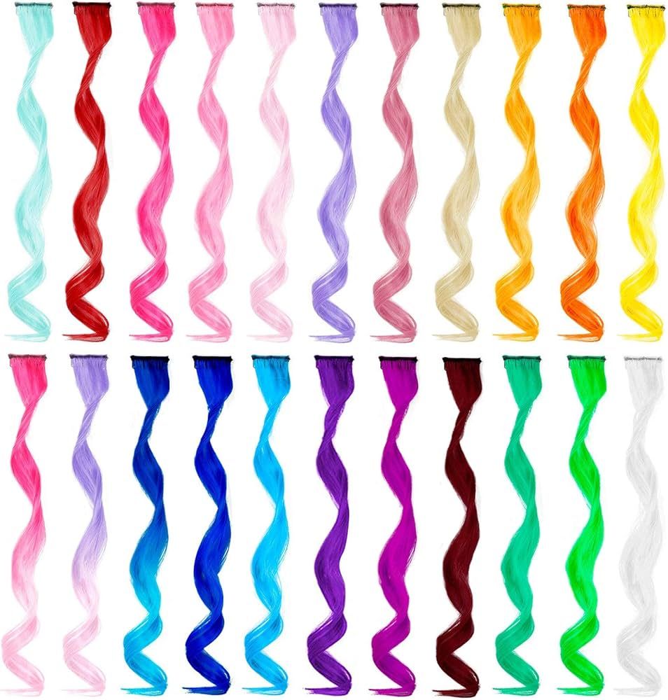 22 Pcs Colored Hair Extensions Party Highlights, Curly Wavy Hairpiece Clip in Synthetic Rainbow f... | Amazon (US)