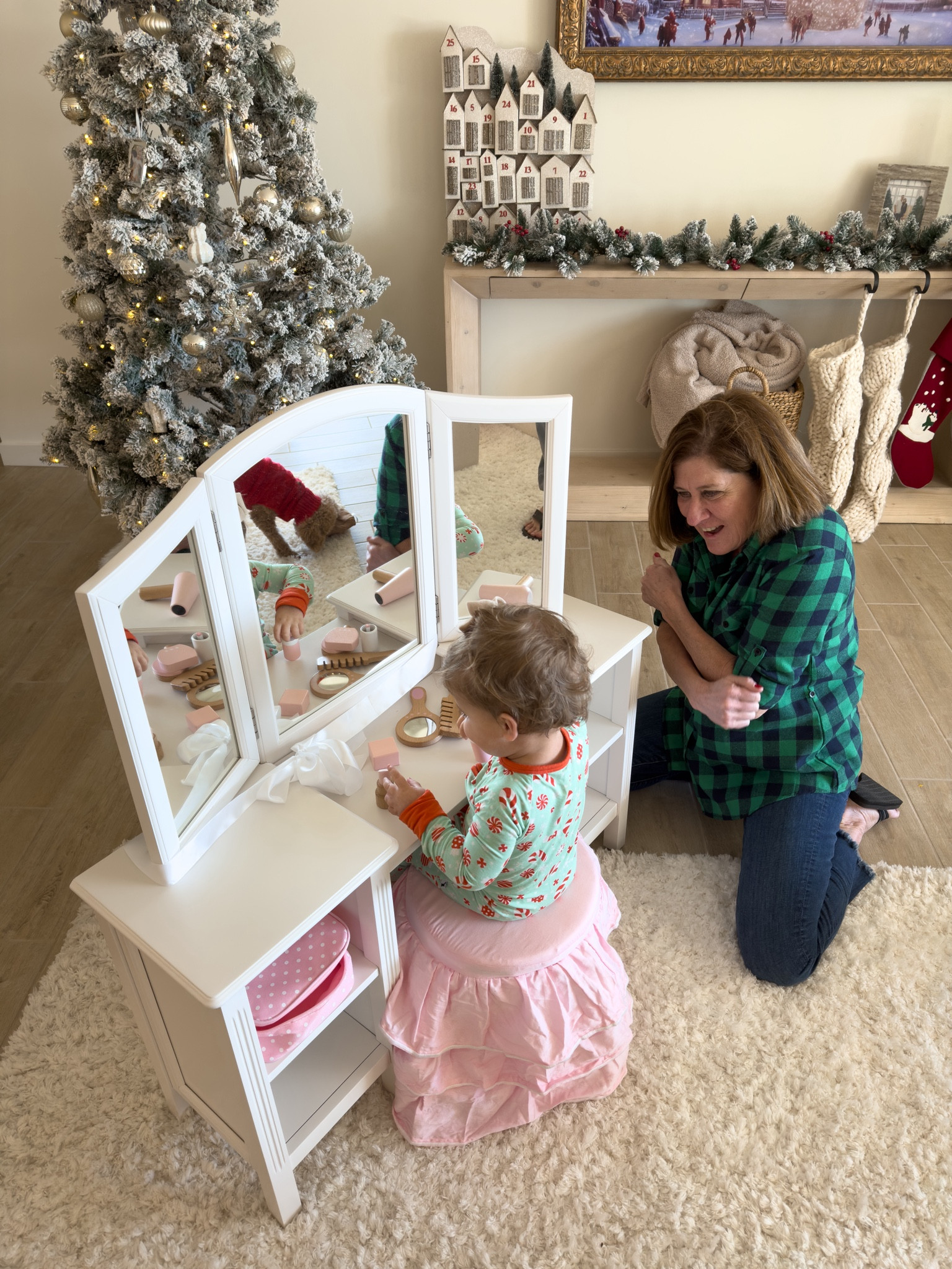 We almost got her the other white vanity with gold handles but this one was on sale (and it was originally more) plus I love the room on it for extra storage! She is obsessed with it! The pink ruffle stool is so cute 😭🩷 

#LTKkids #LTKbaby