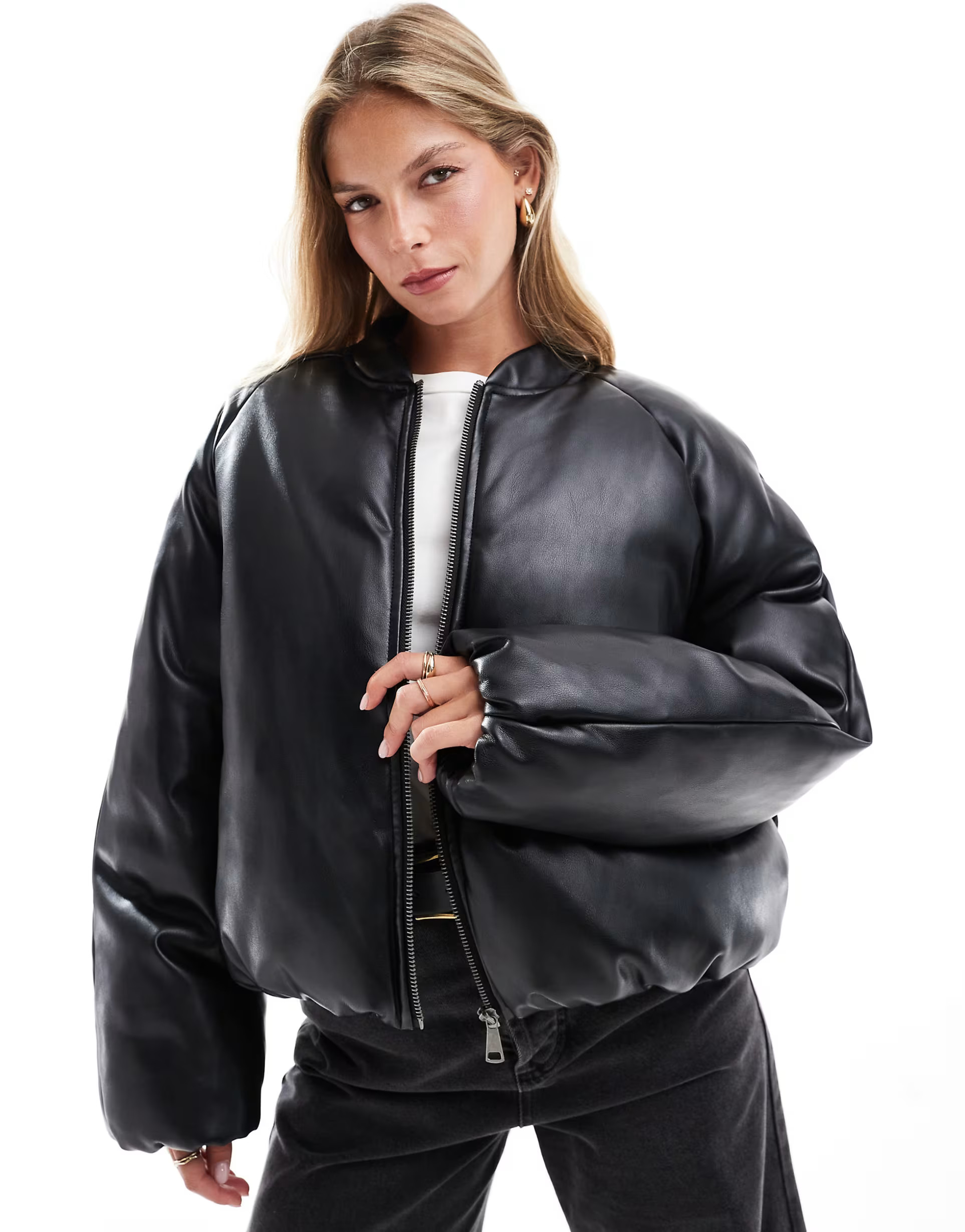 ASOS DESIGN leather look padded bomber jacket with bubble hem in black | ASOS (Global)
