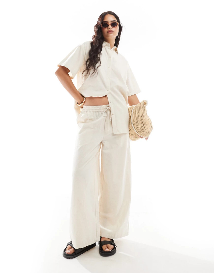 ASOS DESIGN wide leg trouser with linen in neutral | ASOS (Global)