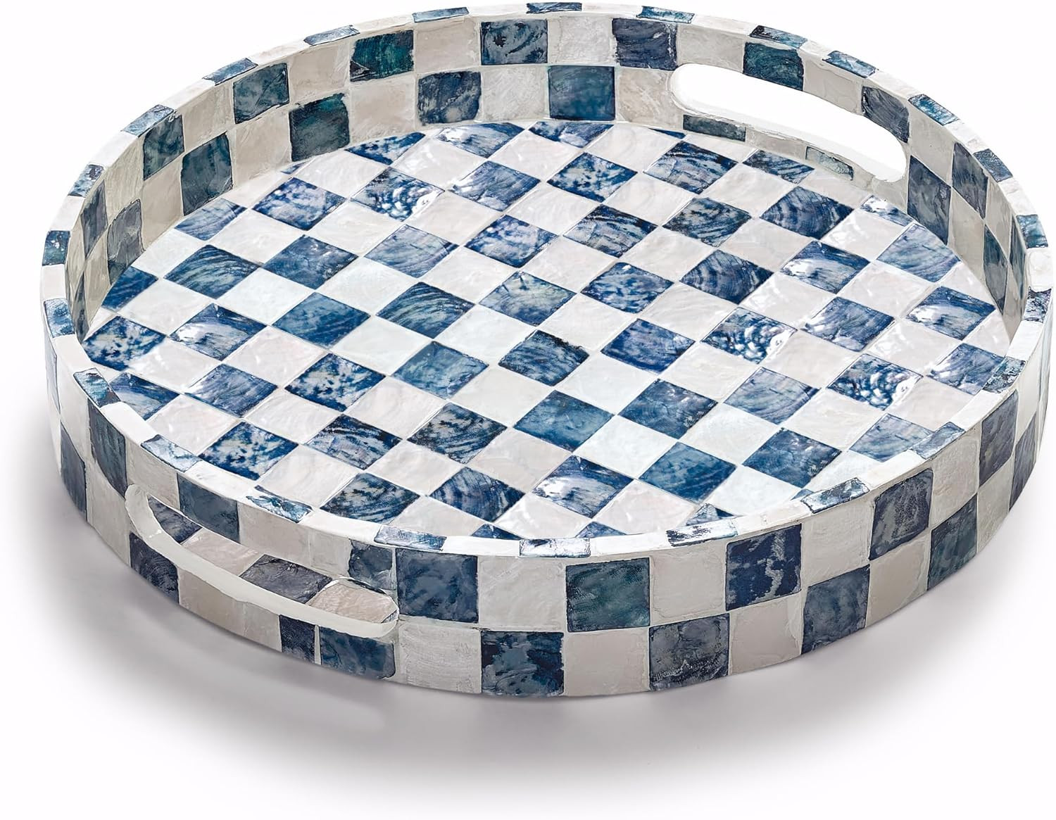 CHI AN HOME Decorative Checkered Tray with Handles, Handmade Tray with Natural Capiz Shells, Serving Tray for Ottoman, Coffee Table, Kitchen Counter Home Decor (Navy Blue, 12.6") | Amazon (US)