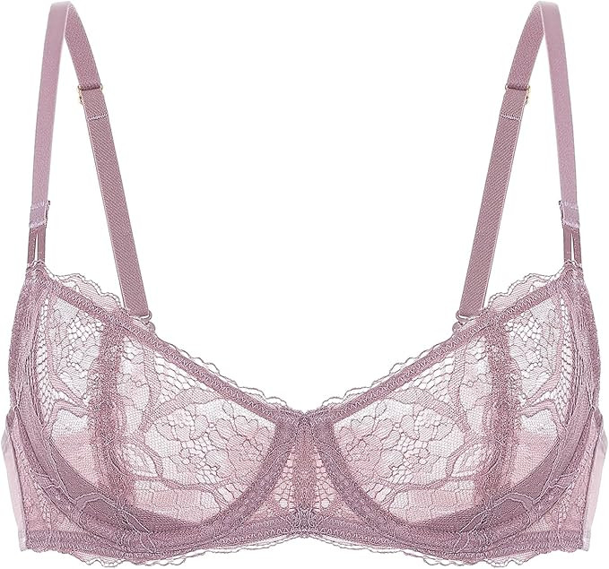 DOBREVA Women's Balconette Push Up Bra Sexy Lace Plus Size Unlined Sheer Underwire | Amazon (US)