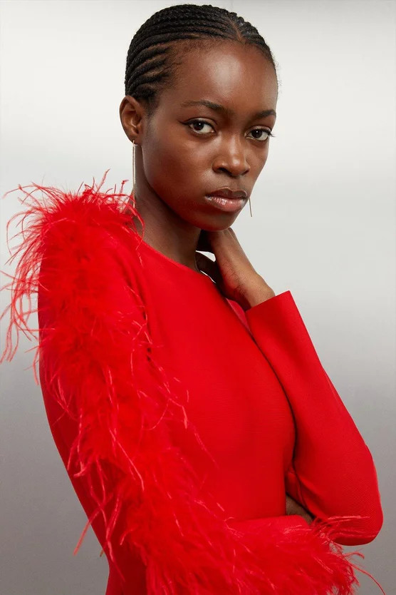 Figure Form Bandage Knit Split Feather Hem Midi Dress | Karen Millen US