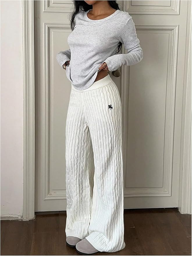 Verdusa Women's Old Money Clothes Embroidery Cable Knit Sweater Pants Streetwear Wide Leg Trouser... | Amazon (US)